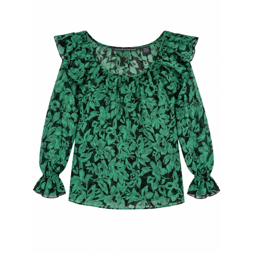 Twelfth Street Cynthia Vincent Silk Green Floral Ruffle Blouse P Boho XS